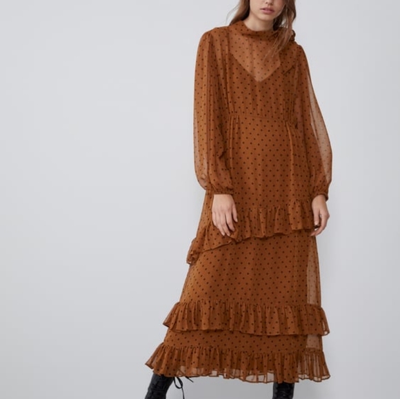 Zara Dresses & Skirts - Zara Ruffled Polka Dot Dress Rust Size M